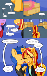 Size: 2000x3200 | Tagged: safe, artist:jake heritagu, flash sentry, sunset shimmer, twilight sparkle, twilight sparkle (alicorn), alicorn, pegasus, pony, unicorn, comic:ask motherly scootaloo, comic:ask motherly sunset shimmer, box, clothes, comic, female, flashimmer, magic, male, pregnant, shipping, straight, telekinesis