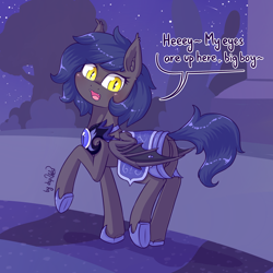Size: 1920x1920 | Tagged: safe, artist:dsp2003, oc, oc only, oc:major umbra, bat pony, pony, 2017, armor, blushing, clothes, comic, commission, fangs, featureless crotch, female, guardsmare, looking at you, mare, night guard, open mouth, single panel, slit eyes, solo, starry sky, stars