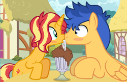 Size: 1154x744 | Tagged: safe, artist:thatonecrazyartist18, flash sentry, sunset shimmer, female, flashimmer, male, milkshake, shipping, straight