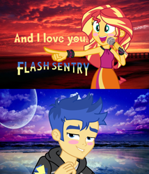 Size: 1600x1868 | Tagged: safe, artist:3d4d, flash sentry, sunset shimmer, equestria girls, blushing, female, flashimmer, male, shipping, singing, straight