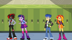 Size: 1024x576 | Tagged: safe, artist:mergedzamasuva, flash sentry, sunset shimmer, twilight sparkle, human, equestria girls, angry, backpack, book, boots, clothes, crossover, equestria girls-ified, female, flashimmer, flashlight, implied flashlight, implied shipping, implied straight, jacket, jealous, locker, male, padlock, sega, shadow the hedgehog, shadtwi, shipping, shoes, sneakers, sonic the hedgehog (series), straight