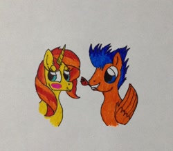 Size: 1567x1373 | Tagged: safe, artist:frollo7797, flash sentry, sunset shimmer, pony, female, flashimmer, male, shipping, straight