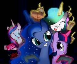 Size: 1200x1000 | Tagged: safe, artist:hoyeechun, princess cadance, princess celestia, princess luna, twilight sparkle, twilight sparkle (alicorn), alicorn, pony, alicorn tetrarchy, controller, drink, female, magic, mare, smiling