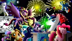 Size: 2680x1532 | Tagged: safe, artist:ringodaifuku, applejack, fluttershy, pinkie pie, princess cadance, princess celestia, princess luna, rainbow dash, rarity, shining armor, twilight sparkle, alicorn, earth pony, pegasus, pony, unicorn, clock, fireworks, glimmer wings, summer sun celebration