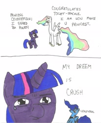 Size: 1695x2055 | Tagged: safe, artist:twinhead-b, princess celestia, princess luna, twilight sparkle, twilight sparkle (alicorn), alicorn, pony, colored, comic, engrish, female, lesbian, mare, princest, satire, shipping, thanks m.a. larson, wat