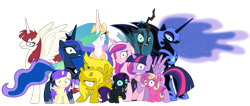 Size: 1347x573 | Tagged: safe, artist:da0krager, alula, nightmare moon, pluto, princess cadance, princess celestia, princess erroria, princess luna, princess skyla, queen chrysalis, twilight sparkle, twilight sparkle (alicorn), oc, oc:fausticorn, oc:nyx, oc:ticket, alicorn, changeling, changeling queen, pony, alicorn oc, creepy, eyes, rapeface, simple background, transparent background, twilight snapple, xk-class end-of-the-world scenario