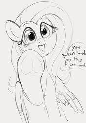 Size: 527x747 | Tagged: safe, artist:dotkwa, fluttershy, pegasus, pony, cute, dialogue, female, fetish, frog (hoof), hoof fetish, looking at you, mare, monochrome, open mouth, raised hoof, reaching, shyabetes, simple background, solo, speech bubble, talking to viewer, underhoof, wings