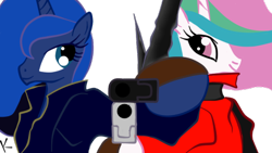 Size: 450x254 | Tagged: safe, artist:kressio, princess celestia, princess luna, alicorn, pony, dante (devil may cry), devil may cry, devil may cry 3, ebony (devil may cry), gun, ivory (devil may cry), pistol, rebellion (devil may cry), vergil (devil may cry)