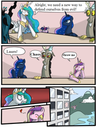 Size: 500x662 | Tagged: safe, discord, princess cadance, princess celestia, princess luna, trixie, twilight sparkle, alicorn, pony, comic, employer meme, epic wife tossing, exploitable meme, hejibits