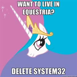 Size: 400x400 | Tagged: safe, princess celestia, alicorn, pony, advice meme, crown, delete system32, female, horn, image macro, it's a trap, jewelry, looking at you, mare, meme, regalia, smiling, solo, system32, text, this will end in tears, trollestia, white coat, windows