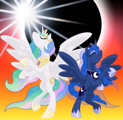 Size: 1200x1169 | Tagged: safe, artist:mol, princess celestia, princess luna, alicorn, pony, eclipse, pixiv