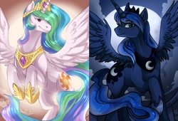 Size: 1137x772 | Tagged: safe, artist:mr-tiaa, artist:trojan-pony, princess celestia, princess luna, alicorn, pony, cloud, day, female, mare, moon, night, royal sisters, sun