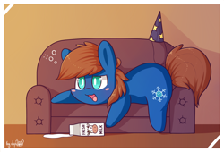 Size: 1728x1177 | Tagged: safe, artist:dsp2003, oc, oc only, oc:chillycube, earth pony, pony, 2017, blush sticker, blushing, drunk, food, hat, lifeloser-ish, male, milk, party hat, sofa, style emulation