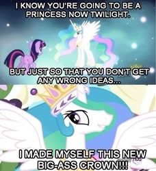 Size: 500x549 | Tagged: safe, edit, edited screencap, screencap, princess celestia, twilight sparkle, twilight sparkle (alicorn), unicorn twilight, alicorn, pony, unicorn, magical mystery cure, clothes, crown, dress, ethereal mane, female, jewelry, mare, meme, nebula realm, princess celestia's special princess making dimension, regalia, throne, void