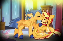 Size: 488x320 | Tagged: safe, artist:kiwi4578, flash sentry, sunset shimmer, pony, blushing, female, flashimmer, male, pregnant, shipping, straight