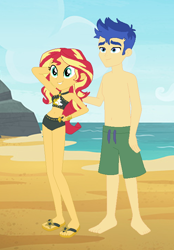 Size: 502x720 | Tagged: safe, artist:3d4d, flash sentry, sunset shimmer, better together, equestria girls, barefoot, beach, belly button, bikini, clothes, feet, female, flashimmer, flip-flops, legs, male, male feet, partial nudity, shipping, straight, summer sunset, swimsuit, topless