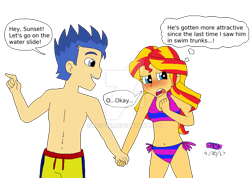 Size: 1024x730 | Tagged: safe, artist:resotii, flash sentry, sunset shimmer, equestria girls, clothes, female, flashimmer, holding hands, male, shipping, straight, swimsuit