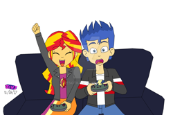 Size: 1024x680 | Tagged: safe, artist:resotii, flash sentry, sunset shimmer, equestria girls, female, flashimmer, male, shipping, straight, video game