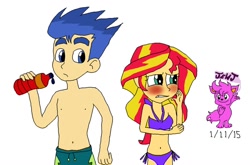 Size: 1024x675 | Tagged: safe, artist:resotii, flash sentry, sunset shimmer, equestria girls, blushing, clothes, female, flashimmer, male, partial nudity, shipping, simple background, straight, swimsuit, watermark, white background