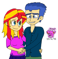 Size: 963x980 | Tagged: safe, artist:resotii, flash sentry, sunset shimmer, equestria girls, female, flashimmer, male, pregnant, shipping, straight