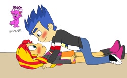 Size: 1024x631 | Tagged: safe, artist:resotii, flash sentry, sunset shimmer, equestria girls, awkward, blushing, female, flashimmer, male, shipping, straight