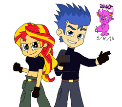 Size: 1024x896 | Tagged: safe, artist:resotii, flash sentry, sunset shimmer, equestria girls, clothes, cosplay, costume, crossover, female, flashimmer, kim possible, male, ron stoppable, shipping, straight