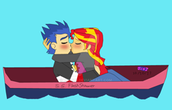 Size: 1024x656 | Tagged: safe, artist:resotii, flash sentry, sunset shimmer, equestria girls, boat, female, flashimmer, male, shipping, straight, water