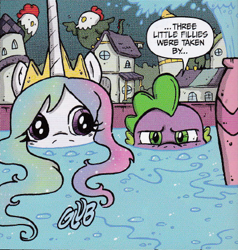 Size: 412x433 | Tagged: safe, artist:katiecandraw, idw, princess celestia, spike, alicorn, cockatrice, dragon, pony, comic, cute, cutelestia, glare, hiding, official, official comic, wet, wet mane