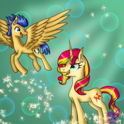 Size: 768x768 | Tagged: safe, artist:commandereclipse, flash sentry, sunset shimmer, female, flashimmer, green background, male, shipping, simple background, straight