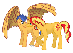 Size: 1108x800 | Tagged: safe, artist:flittingerman, flash sentry, sunset shimmer, pegasus, pony, unicorn, female, flashimmer, male, mare, shipping, signature, simple background, spread wings, stallion, straight, white background, wings