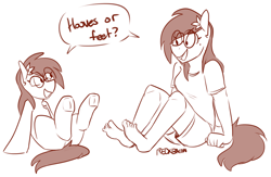 Size: 1500x979 | Tagged: safe, artist:redxbacon, oc, oc only, oc:prickly pears, anthro, plantigrade anthro, barefoot, feet, fetish, flower, flower in hair, foot fetish, glasses, hoof fetish, self ponidox, underhoof