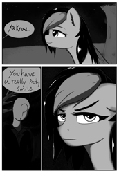 Size: 1257x1828 | Tagged: safe, artist:owlnon, derpibooru import, oc, oc only, oc:anon, oc:miss eri, earth pony, human, pony, annoyed, black and white, comic, dialogue, female, looking at you, mare, monochrome, smiling, tree