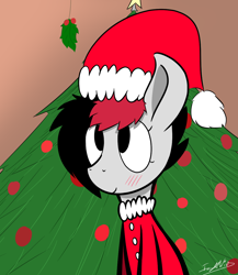 Size: 1040x1200 | Tagged: safe, artist:icywindthepony, derpibooru import, oc, oc only, oc:miss eri, earth pony, pony, blushing, christmas, christmas tree, clothes, cute, female, holiday, holly, holly mistaken for mistletoe, mare, santa hat, solo, tree