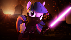 Size: 1280x720 | Tagged: safe, artist:dazzion, twilight sparkle, alicorn, pony, 3d, apocalyptic, crossover, female, fire, force, jedi, lightsaber, mare, ruins, solo, source filmmaker, star wars, weapon