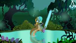 Size: 2330x1310 | Tagged: safe, artist:darktailsko, oc, oc:ponyhanako, blue lightsaber, commission, crossover, everfree forest, fanart, female, force, jedi, jedi order, lightsaber, mare, pond, puddle, solo, star wars, the force, traditional art, weapon