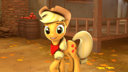 Size: 3840x2160 | Tagged: safe, artist:xppp1n, applejack, earth pony, pony, 3d, apple, bandana, food, hat, leaves, mare, solo, source filmmaker