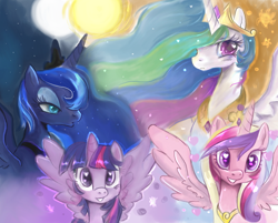 Size: 900x724 | Tagged: safe, artist:schnuffitrunks, princess cadance, princess celestia, princess luna, twilight sparkle, twilight sparkle (alicorn), alicorn, pony, alicorn tetrarchy, female, mare