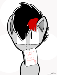 Size: 2000x2600 | Tagged: safe, artist:icywindthepony, derpibooru import, oc, oc:miss eri, earth pony, pony, cute, emo, female, mare, mouth hold, note, solo