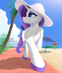 Size: 3300x3880 | Tagged: safe, artist:scarlet wayfarer, rarity, pony, unicorn, beach, female, fetish, hat, hoof fetish, jewelry, mare, necklace, palm tree, sandals, solo, sun hat, tree, umbrella, updated