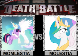 Size: 841x600 | Tagged: safe, princess celestia, twilight sparkle, alicorn, pony, death battle, momlestia, princess molestia