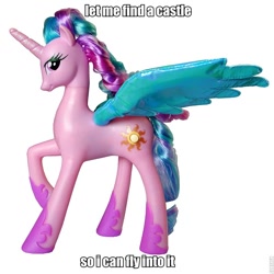 Size: 800x800 | Tagged: safe, princess celestia, alicorn, pony, image macro, let's fly to the castle, pinklestia, raised hoof, simple background, smiling, spread wings, toy, white background, wings