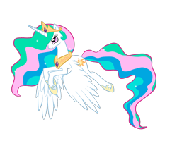 Size: 1500x1200 | Tagged: safe, artist:shark-sheep, princess celestia, alicorn, pony, female, flying, horn, mare, multicolored mane, solo, white coat