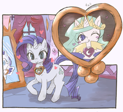 Size: 600x546 | Tagged: safe, artist:kolshica, princess celestia, rarity, alicorn, pony, unicorn, amulet, carousel boutique, curtain, mirror, pixiv, reflection