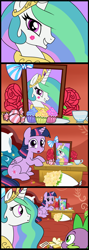 Size: 784x2200 | Tagged: safe, artist:madmax, princess celestia, spike, twilight sparkle, twilight sparkle (alicorn), alicorn, dragon, pony, :o, awkward, candy, caught, comic, cupcake, female, flower, lesbian, lipstick, mare, nervous, otaku date, present, rose, shipping, shrine, stalker shrine, surprised, sweat, teacup, twilestia