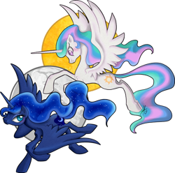 Size: 600x596 | Tagged: safe, artist:ladyamaltea, princess celestia, princess luna, alicorn, pony, flying, moon, siblings, sisters, sun