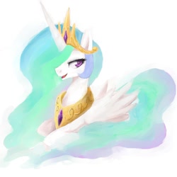 Size: 1200x1200 | Tagged: safe, artist:30clock, princess celestia, alicorn, pony, crown, jewelry, open mouth, peytral, pixiv, regalia, simple background, sitting, solo, white background