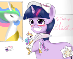 Size: 1000x800 | Tagged: safe, artist:muppiz, princess celestia, twilight sparkle, alicorn, pony, blushing, cap, fake cutie mark, hat, toy