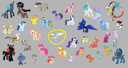 Size: 1152x611 | Tagged: safe, artist:peachiekeenie, apple bloom, applejack, babs seed, big macintosh, cheerilee, cranky doodle donkey, derpy hooves, diamond tiara, discord, flam, flim, fluttershy, gilda, grogar, iron will, king sombra, lord tirek, pinkie pie, pipsqueak, pound cake, princess cadance, princess celestia, princess luna, pumpkin cake, queen chrysalis, rainbow dash, rarity, scootaloo, shining armor, silver spoon, snails, snips, soarin', spike, spitfire, sweetie belle, trixie, twilight sparkle, zecora, alicorn, changeling, changeling queen, donkey, dragon, earth pony, griffon, minotaur, pegasus, pony, unicorn, zebra, wall of tags