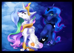 Size: 1652x1181 | Tagged: safe, artist:affanita, princess celestia, princess luna, wolf, cute, horn, smiling, species swap, wolfified