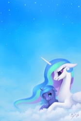 Size: 948x1417 | Tagged: safe, artist:scheadar, princess celestia, princess luna, alicorn, pony, cloud, female, filly, looking at each other, on a cloud, sisters, woona, younger